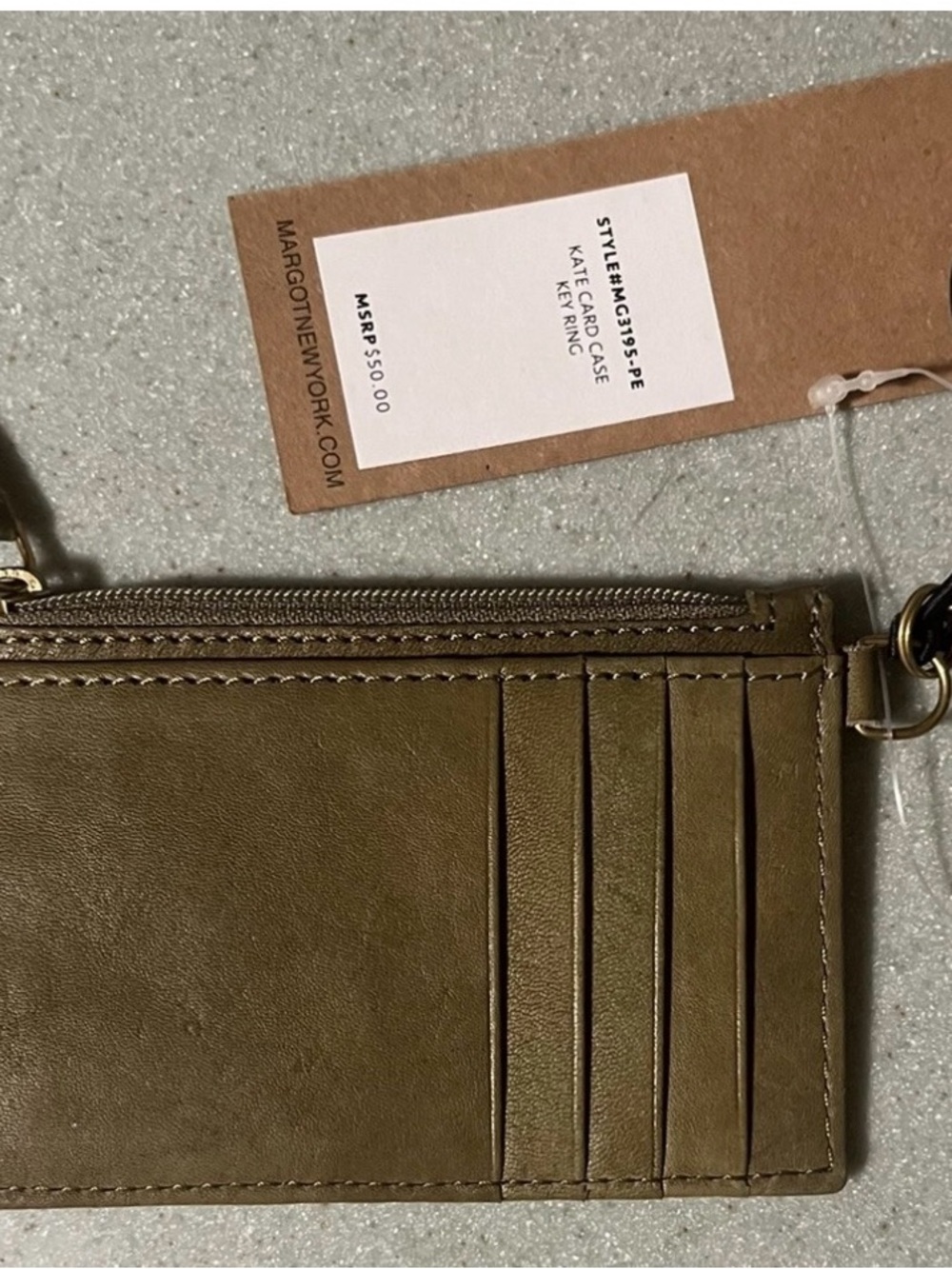 margot Kate NY Olive Green Leather Card Case Keyring Wallet NWT